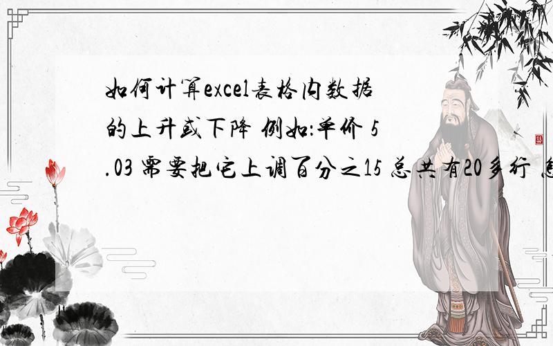 如何计算excel表格内数据的上升或下降 例如：单价 5.03 需要把它上调百分之15 总共有20多行 怎样一次算出