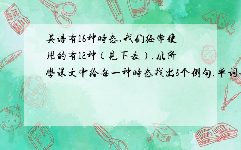 英语有16种时态,我们经常使用的有12种（见下表）.从所学课文中给每一种时态找出5个例句.单词请随意找.