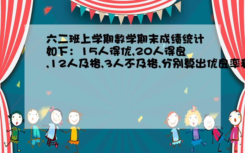 六二班上学期数学期末成绩统计如下：15人得优,20人得良,12人及格,3人不及格,分别算出优良率和及格率