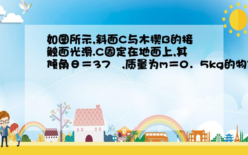 如图所示,斜面C与木楔B的接触面光滑.C固定在地面上,其倾角θ＝37º,质量为m＝0．5kg的物体A置于B上,