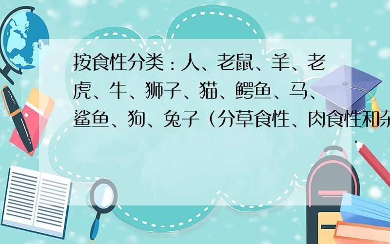 按食性分类：人、老鼠、羊、老虎、牛、狮子、猫、鳄鱼、马、鲨鱼、狗、兔子（分草食性、肉食性和杂食性）