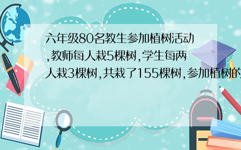 六年级80名教生参加植树活动,教师每人栽5棵树,学生每两人栽3棵树,共栽了155棵树,参加植树的教师生有