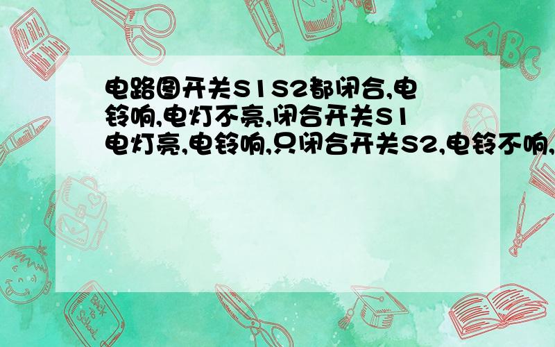 电路图开关S1S2都闭合,电铃响,电灯不亮,闭合开关S1电灯亮,电铃响,只闭合开关S2,电铃不响,电灯不亮