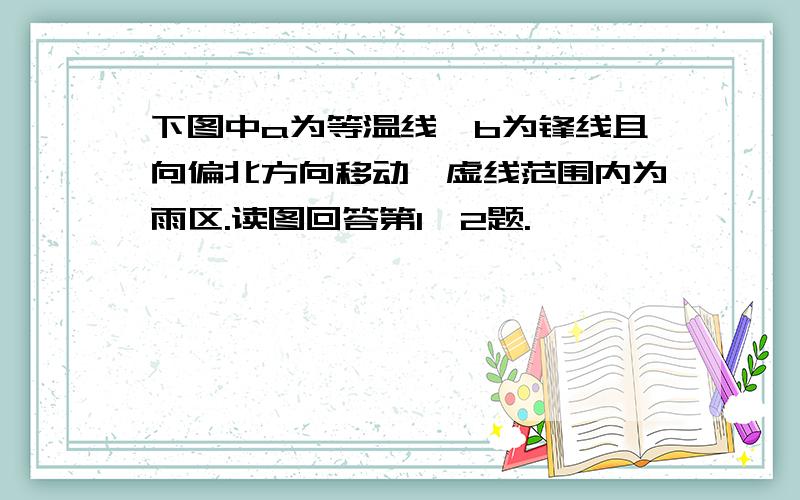 下图中a为等温线,b为锋线且向偏北方向移动,虚线范围内为雨区.读图回答第1—2题.