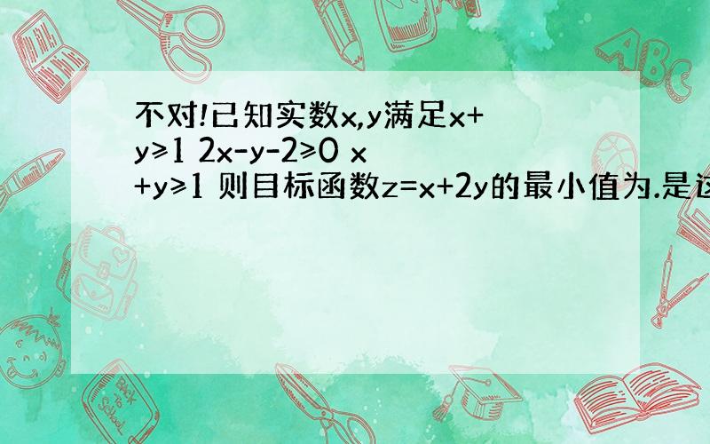 不对!已知实数x,y满足x+y≥1 2x-y-2≥0 x+y≥1 则目标函数z=x+2y的最小值为.是这样的!