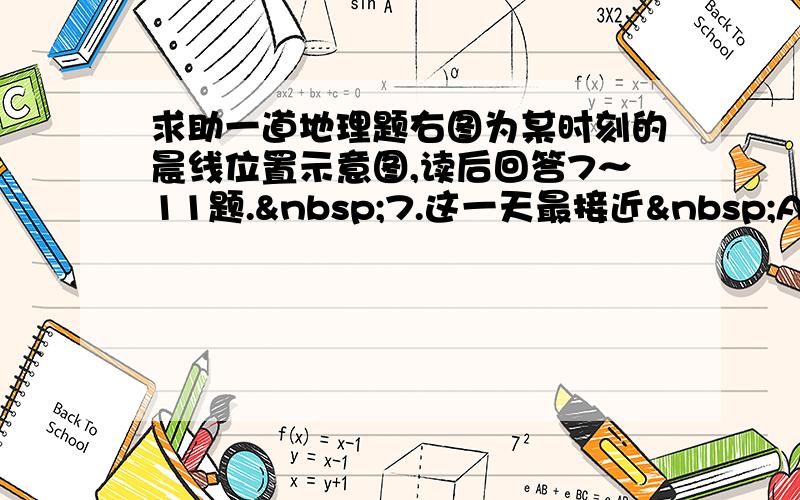 求助一道地理题右图为某时刻的晨线位置示意图,读后回答7～11题. 7.这一天最接近 A.劳动节&nb