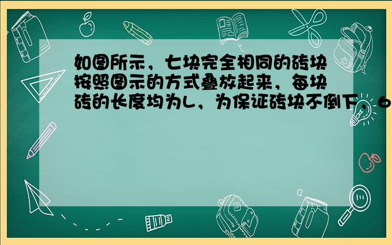 如图所示，七块完全相同的砖块按照图示的方式叠放起来，每块砖的长度均为L，为保证砖块不倒下，6号砖块与7号砖块之间的距离S