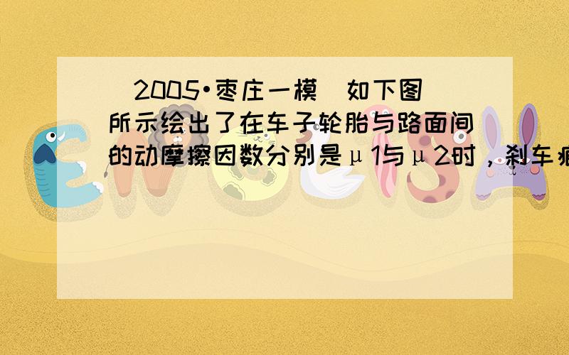 （2005•枣庄一模）如下图所示绘出了在车子轮胎与路面间的动摩擦因数分别是μ1与μ2时，刹车痕（即刹车距离）与刹车前车速