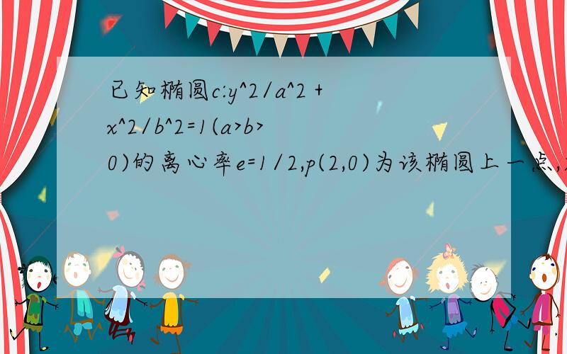 已知椭圆c:y^2/a^2＋x^2/b^2=1(a>b>0)的离心率e=1/2,p(2,0)为该椭圆上一点,求 1.该椭