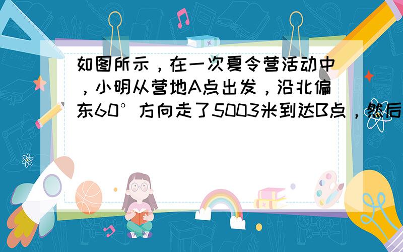 如图所示，在一次夏令营活动中，小明从营地A点出发，沿北偏东60°方向走了5003米到达B点，然后再沿北偏西30°方向走了