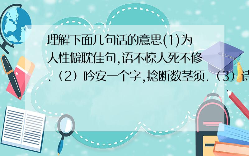 理解下面几句话的意思(1)为人性僻耽佳句,语不惊人死不修.（2）吟安一个字,捻断数茎须.（3）诗赋以一字见工拙.