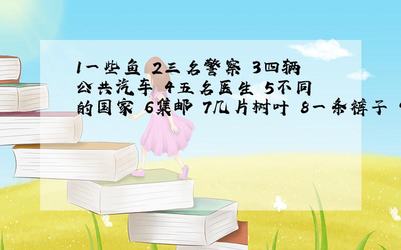 1一些鱼 2三名警察 3四辆公共汽车 4五名医生 5不同的国家 6集邮 7几片树叶 8一条裤子 9几只绵羊 10十棵香