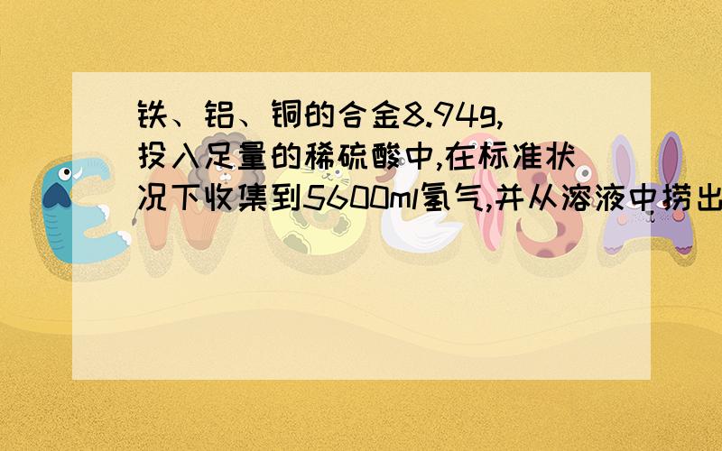 铁、铝、铜的合金8.94g,投入足量的稀硫酸中,在标准状况下收集到5600ml氢气,并从溶液中捞出不溶解的金属