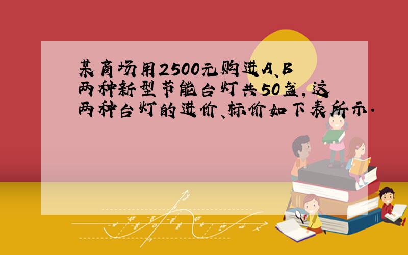 某商场用2500元购进A、B两种新型节能台灯共50盏,这两种台灯的进价、标价如下表所示．