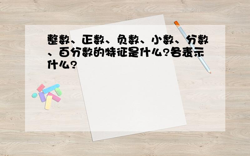 整数、正数、负数、小数、分数、百分数的特征是什么?各表示什么?