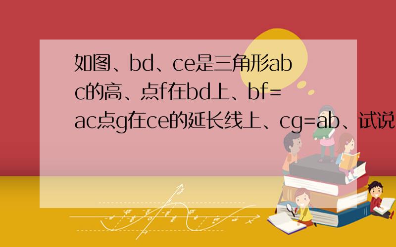 如图、bd、ce是三角形abc的高、点f在bd上、bf=ac点g在ce的延长线上、cg=ab、试说明ag与af的关系、并