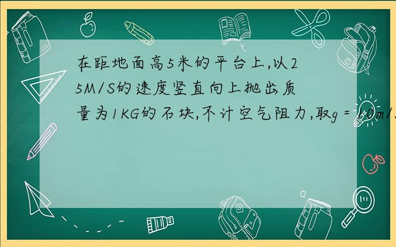 在距地面高5米的平台上,以25M/S的速度竖直向上抛出质量为1KG的石块,不计空气阻力,取g＝10m/s＾2