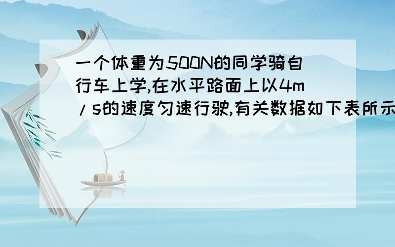 一个体重为500N的同学骑自行车上学,在水平路面上以4m/s的速度匀速行驶,有关数据如下表所示,问