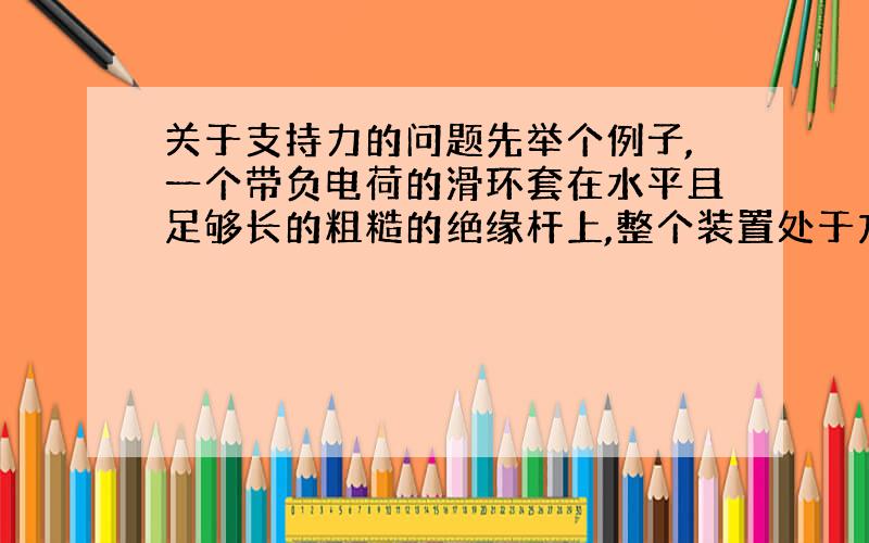 关于支持力的问题先举个例子,一个带负电荷的滑环套在水平且足够长的粗糙的绝缘杆上,整个装置处于方向垂直纸面向外的匀强磁场B