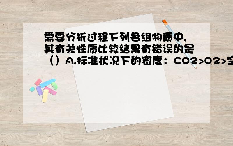 需要分析过程下列各组物质中,其有关性质比较结果有错误的是（）A.标准状况下的密度：CO2>O2>空气B.通常状况下在水中