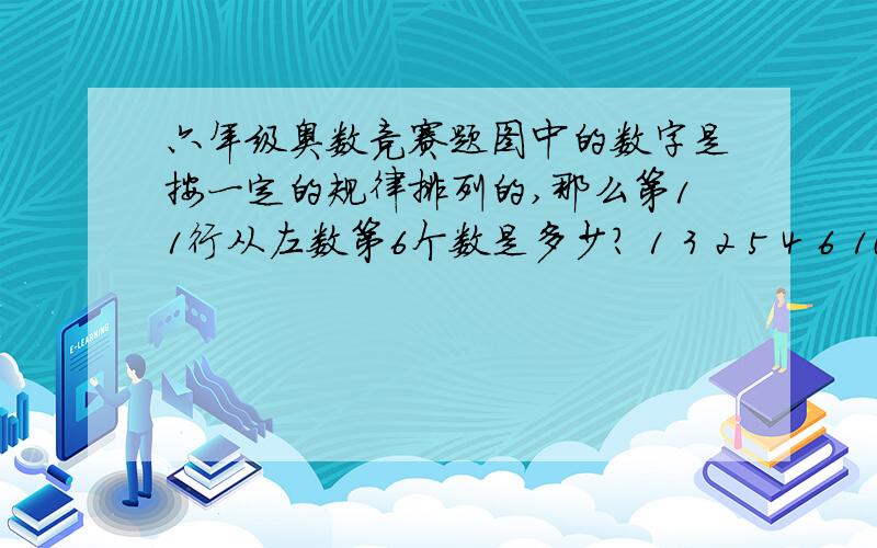 六年级奥数竞赛题图中的数字是按一定的规律排列的,那么第11行从左数第6个数是多少? 1 3 2 5 4 6 10 9 8