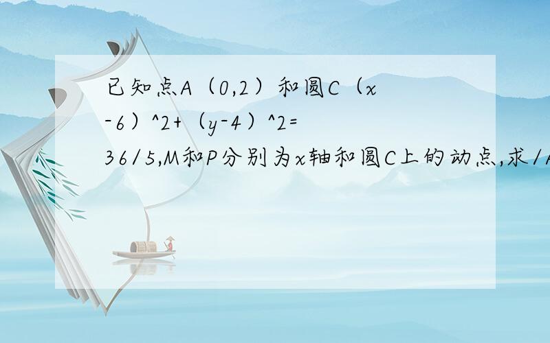 已知点A（0,2）和圆C（x-6）^2+（y-4）^2=36/5,M和P分别为x轴和圆C上的动点,求/AM/+/MP/的