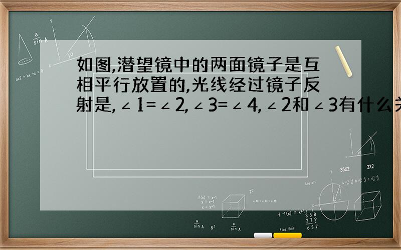 如图,潜望镜中的两面镜子是互相平行放置的,光线经过镜子反射是,∠1=∠2,∠3=∠4,∠2和∠3有什么关系?