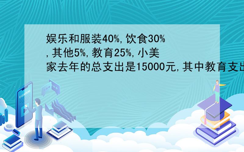 娱乐和服装40%,饮食30%,其他5%,教育25%,小美家去年的总支出是15000元,其中教育支出为多少元?