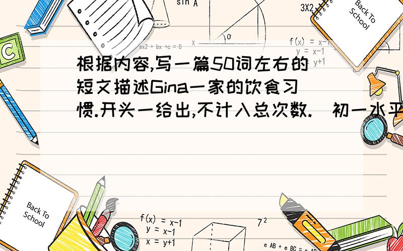 根据内容,写一篇50词左右的短文描述Gina一家的饮食习惯.开头一给出,不计入总次数.（初一水平）