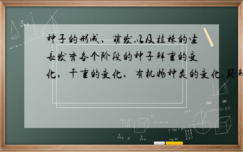 种子的形成、萌发以及植株的生长发育各个阶段的种子鲜重的变化、干重的变化、有机物种类的变化,胚鲜重、干重、有机物种类的变化