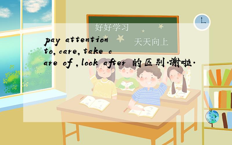 pay attention to,care,take care of ,look after 的区别.谢啦.