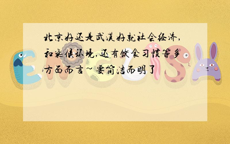 北京好还是武汉好就社会经济,和气候环境,还有饮食习惯等多方面而言~要简洁而明了