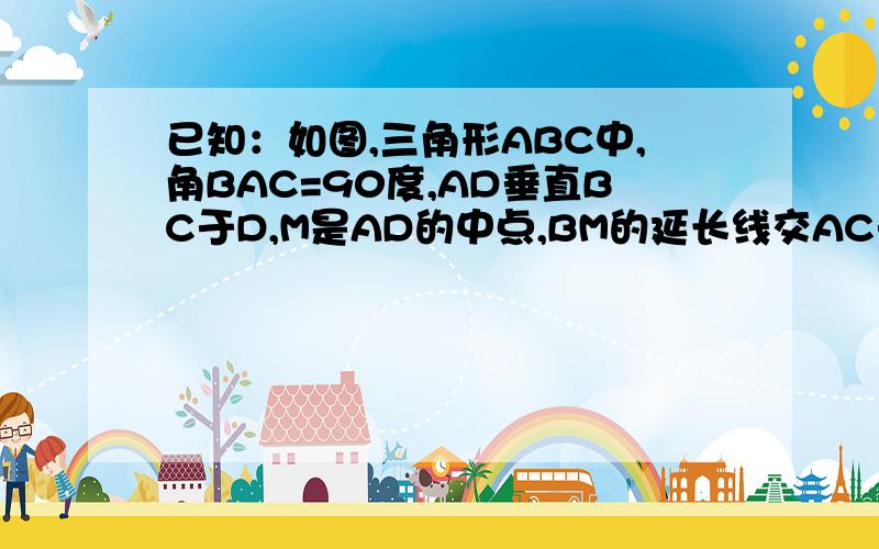 已知：如图,三角形ABC中,角BAC=90度,AD垂直BC于D,M是AD的中点,BM的延长线交AC于P,PE垂直BC,垂