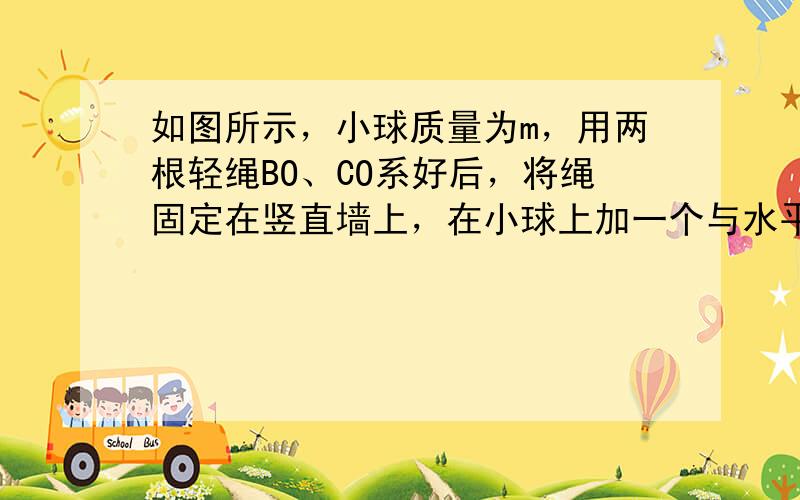 如图所示，小球质量为m，用两根轻绳BO、CO系好后，将绳固定在竖直墙上，在小球上加一个与水平方向夹角为60°的力F，使小