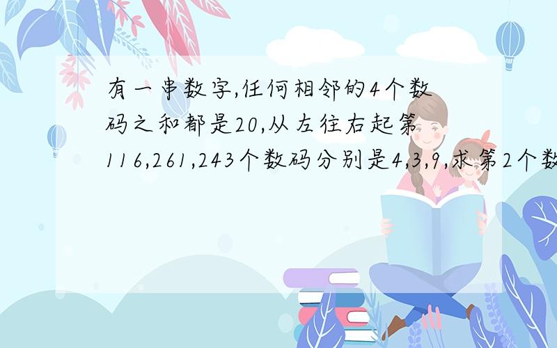 有一串数字,任何相邻的4个数码之和都是20,从左往右起第116,261,243个数码分别是4,3,9,求第2个数码