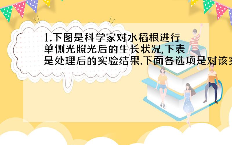 1.下图是科学家对水稻根进行单侧光照光后的生长状况,下表是处理后的实验结果.下面各选项是对该实验结果和数据的分析,正确的