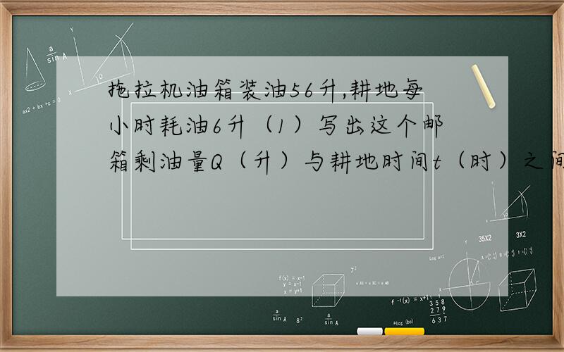 拖拉机油箱装油56升,耕地每小时耗油6升（1）写出这个邮箱剩油量Q（升）与耕地时间t（时）之间的函数关系式,并且求出自变
