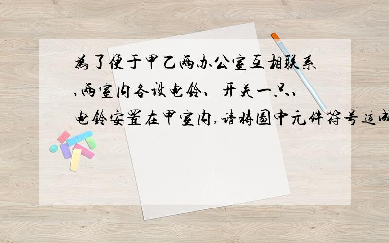 为了便于甲乙两办公室互相联系,两室内各设电铃、开关一只、电铃安置在甲室内,请将图中元件符号连成电路图,能使任何一方闭合开