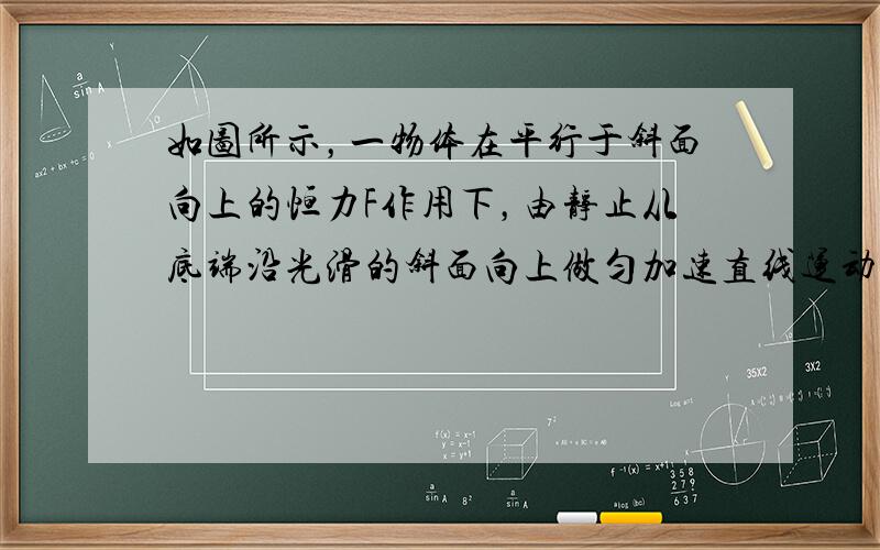 如图所示，一物体在平行于斜面向上的恒力F作用下，由静止从底端沿光滑的斜面向上做匀加速直线运动，经时间t力F做功为60J，