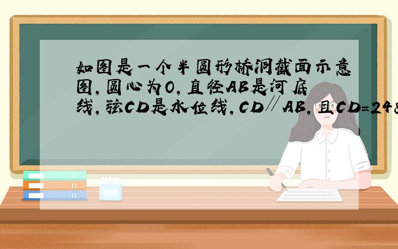 如图是一个半圆形桥洞截面示意图，圆心为O，直径AB是河底线，弦CD是水位线，CD∥AB，且CD=24 m，OE