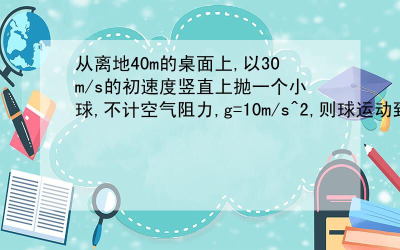 从离地40m的桌面上,以30m/s的初速度竖直上抛一个小球,不计空气阻力,g=10m/s^2,则球运动到距桌面下方