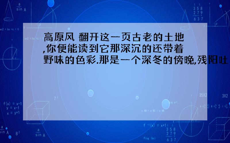 高原风 翻开这一页古老的土地,你便能读到它那深沉的还带着野味的色彩.那是一个深冬的傍晚,残阳吐出了最后的一缕光丝,紧紧搂