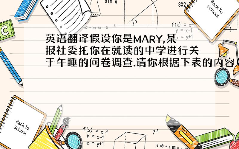 英语翻译假设你是MARY,某报社委托你在就读的中学进行关于午睡的问卷调查.请你根据下表的内容(打*的 为大多数人的选择)