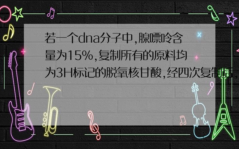 若一个dna分子中,腺嘌呤含量为15%,复制所有的原料均为3H标记的脱氧核甘酸,经四次复制后,不含3H的DNA单链占全部