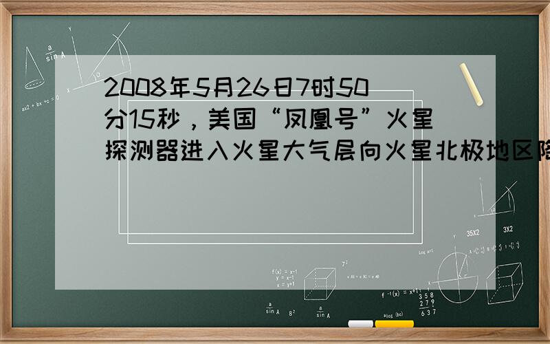 2008年5月26日7时50分15秒，美国“凤凰号”火星探测器进入火星大气层向火星北极地区降落，打开降落伞后，“凤凰号”