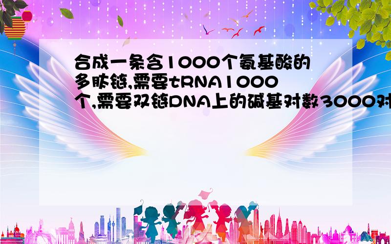 合成一条含1000个氨基酸的多肽链,需要tRNA1000个,需要双链DNA上的碱基对数3000对,为什么?