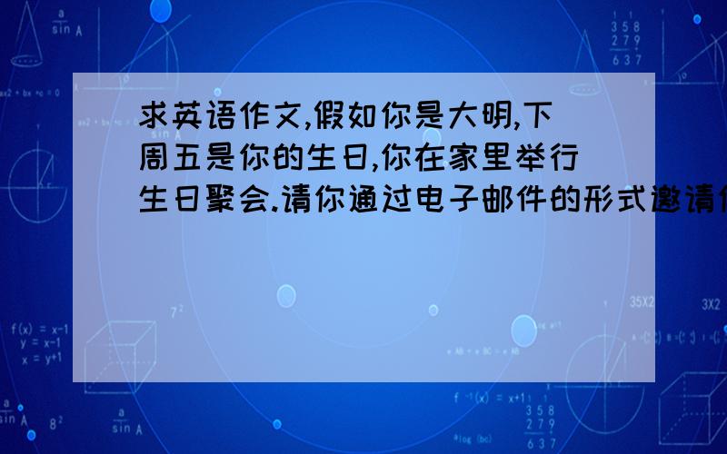 求英语作文,假如你是大明,下周五是你的生日,你在家里举行生日聚会.请你通过电子邮件的形式邀请你的朋