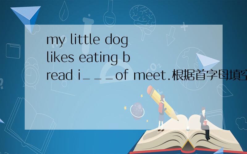 my little dog likes eating bread i___of meet.根据首字母填空!是什么!