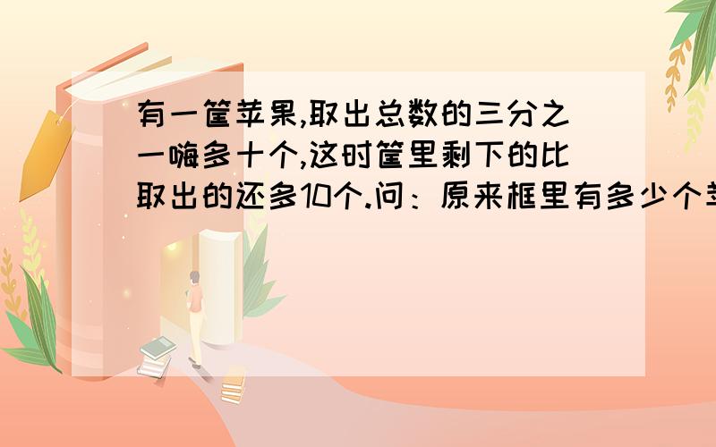 有一筐苹果,取出总数的三分之一嗨多十个,这时筐里剩下的比取出的还多10个.问：原来框里有多少个苹果?（要有过程）