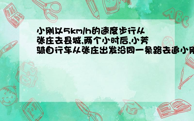 小刚以5km/h的速度步行从张庄去县城,两个小时后,小芳骑自行车从张庄出发沿同一条路去追小刚,若小芳要在60min至75